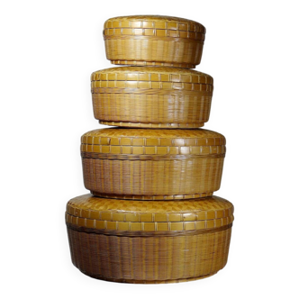 Set of 4 nesting boxes in woven bamboo, vintage Asian crafts
