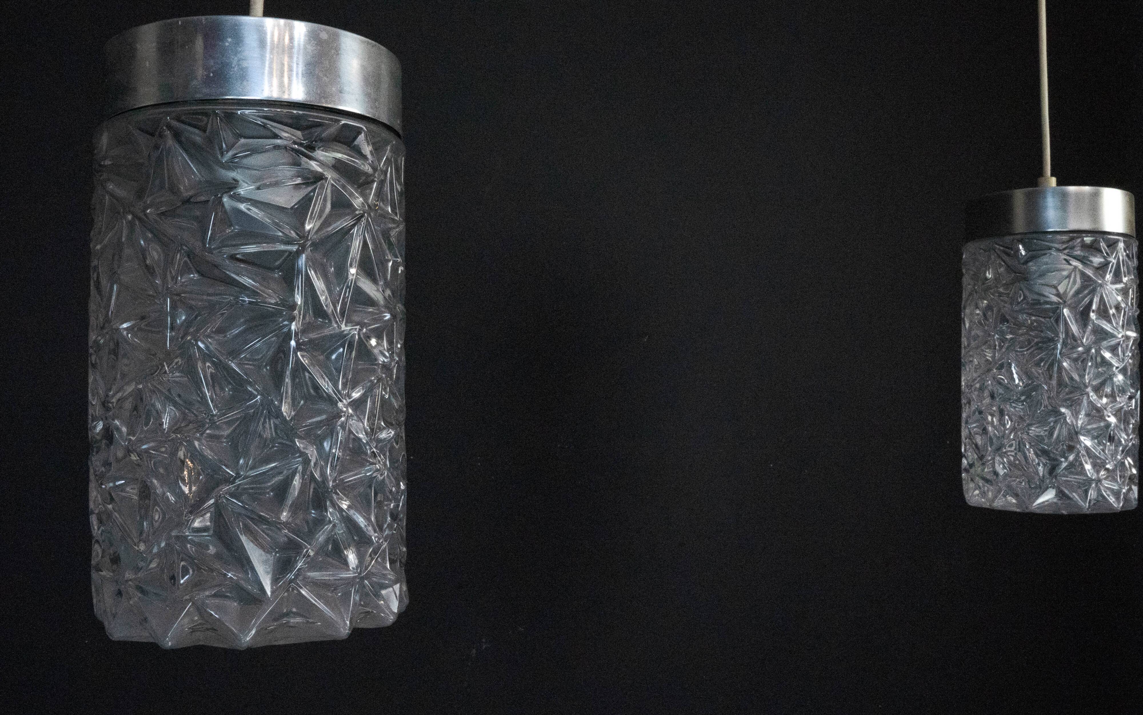Pair of Italian Pendant Lights in Glass and Polished Aluminum, 1970s