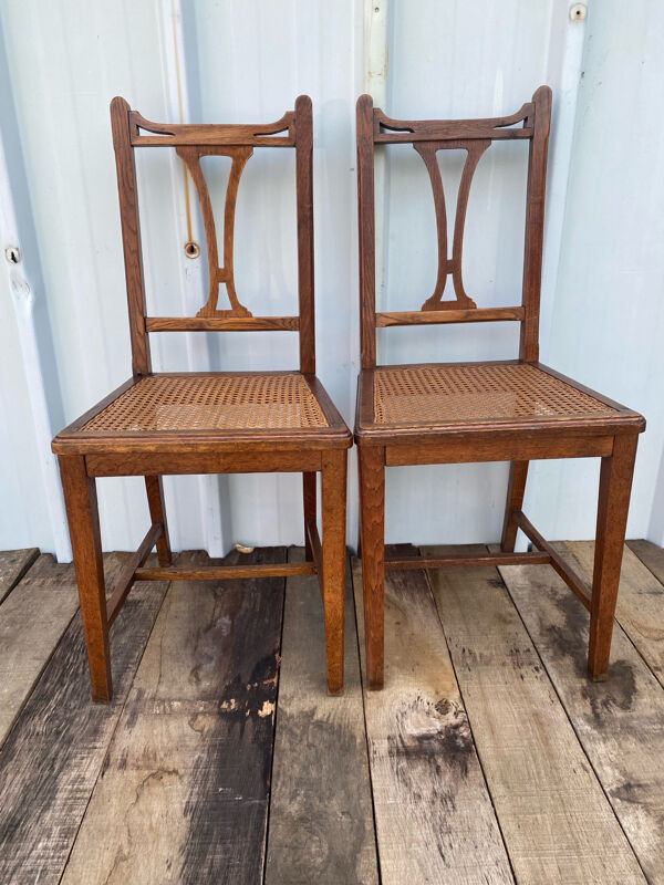 Paire de Chaise Ancienne Art Nouveau Bois Noyer + Assise Cannée Vintag