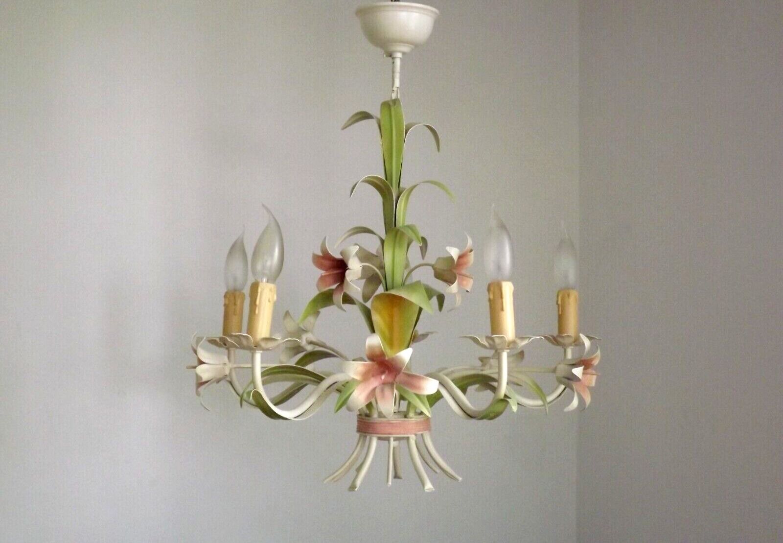 Vintage french 5 arm tied bouquet toleware chandelier pink lily flowers 4264