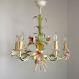 Vintage french 5 arm tied bouquet toleware chandelier pink lily flowers 4264