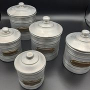 Set of 5 round boxes of aluminum, flour, sugar, coffee, tea, spice