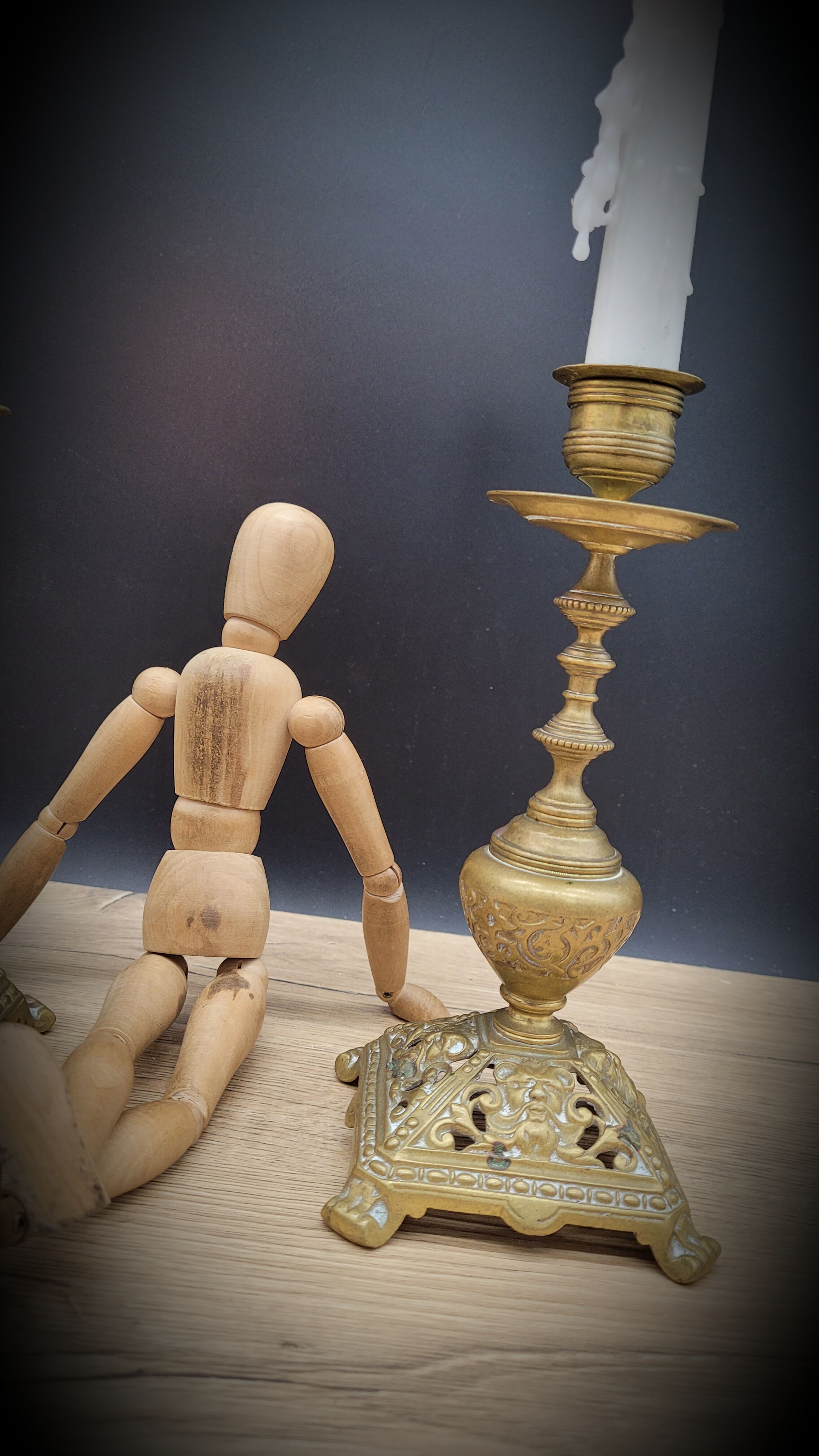 Duo worked brass candle holders