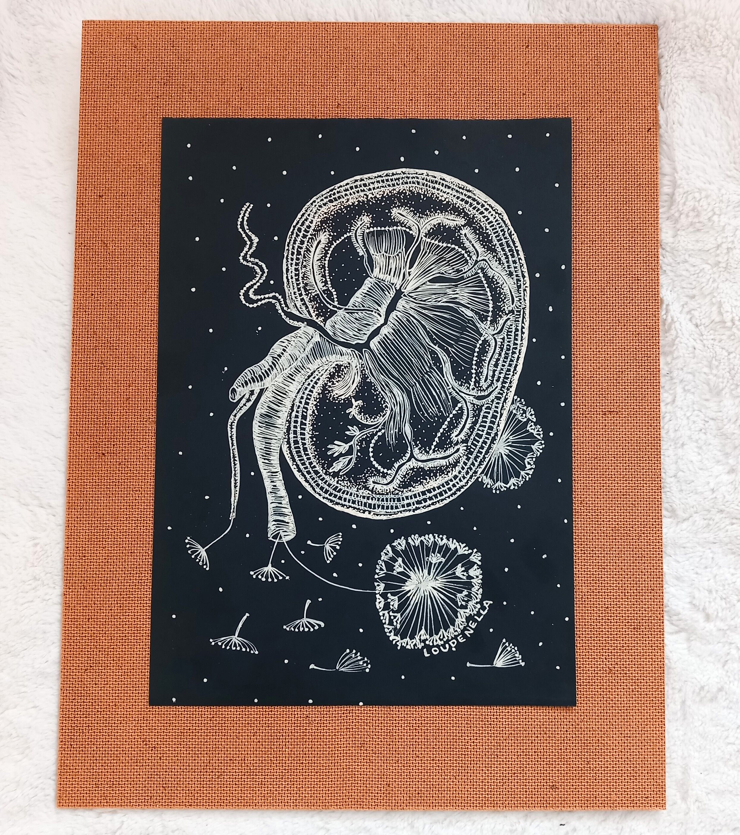 Litography made with posca on black paper The kidney