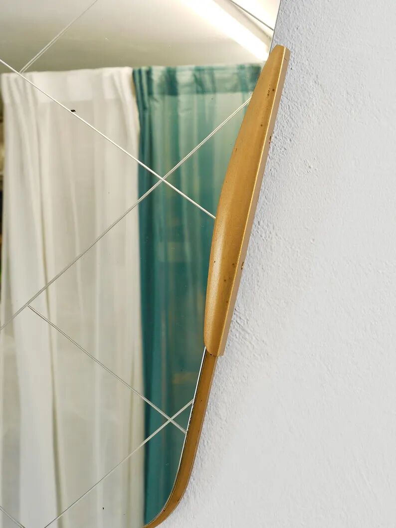 Large Trapezoidal Golden Wall Mirror With Engraved Diamond Pattern, Austria, 1950s