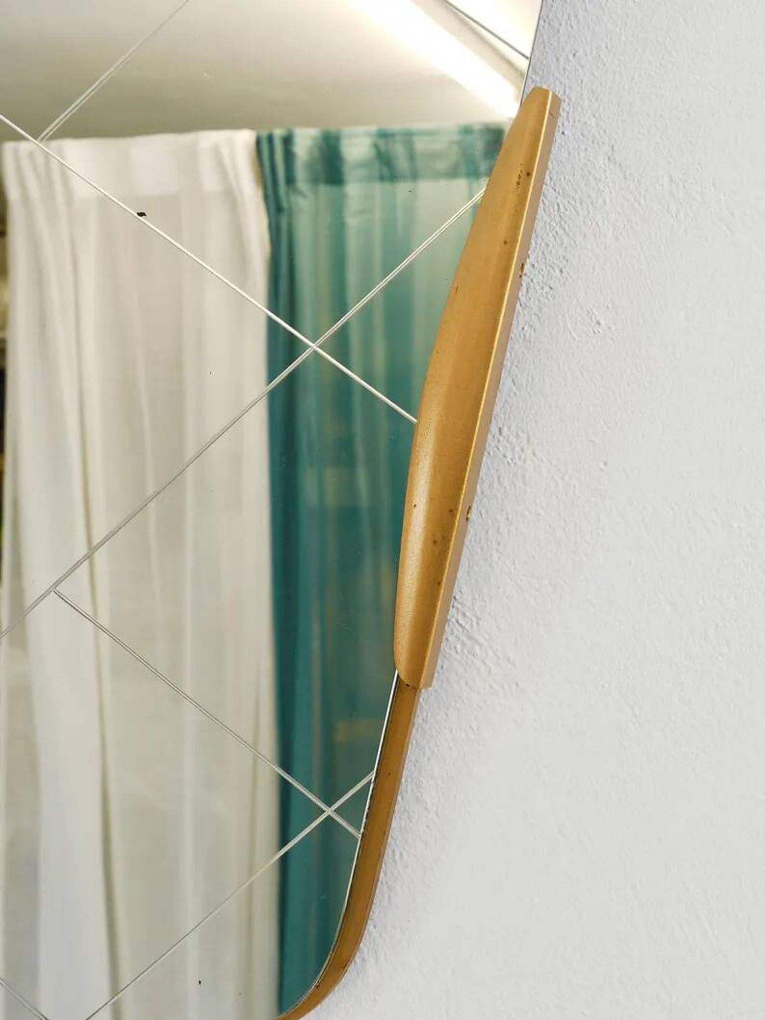 Large Trapezoidal Golden Wall Mirror With Engraved Diamond Pattern, Austria, 1950s