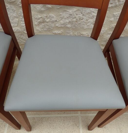 Set of 6 cherry wood style chairs with gray imitation leather seat