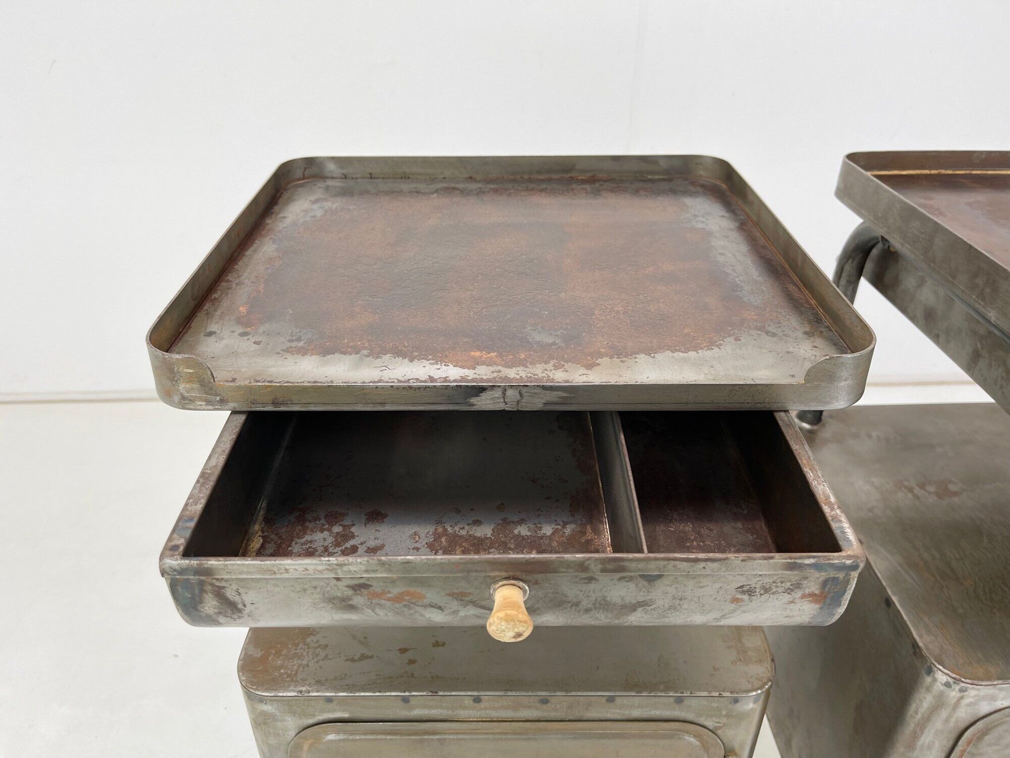 Vintage Industrial Brushed Steel Nightstands, 1920's
