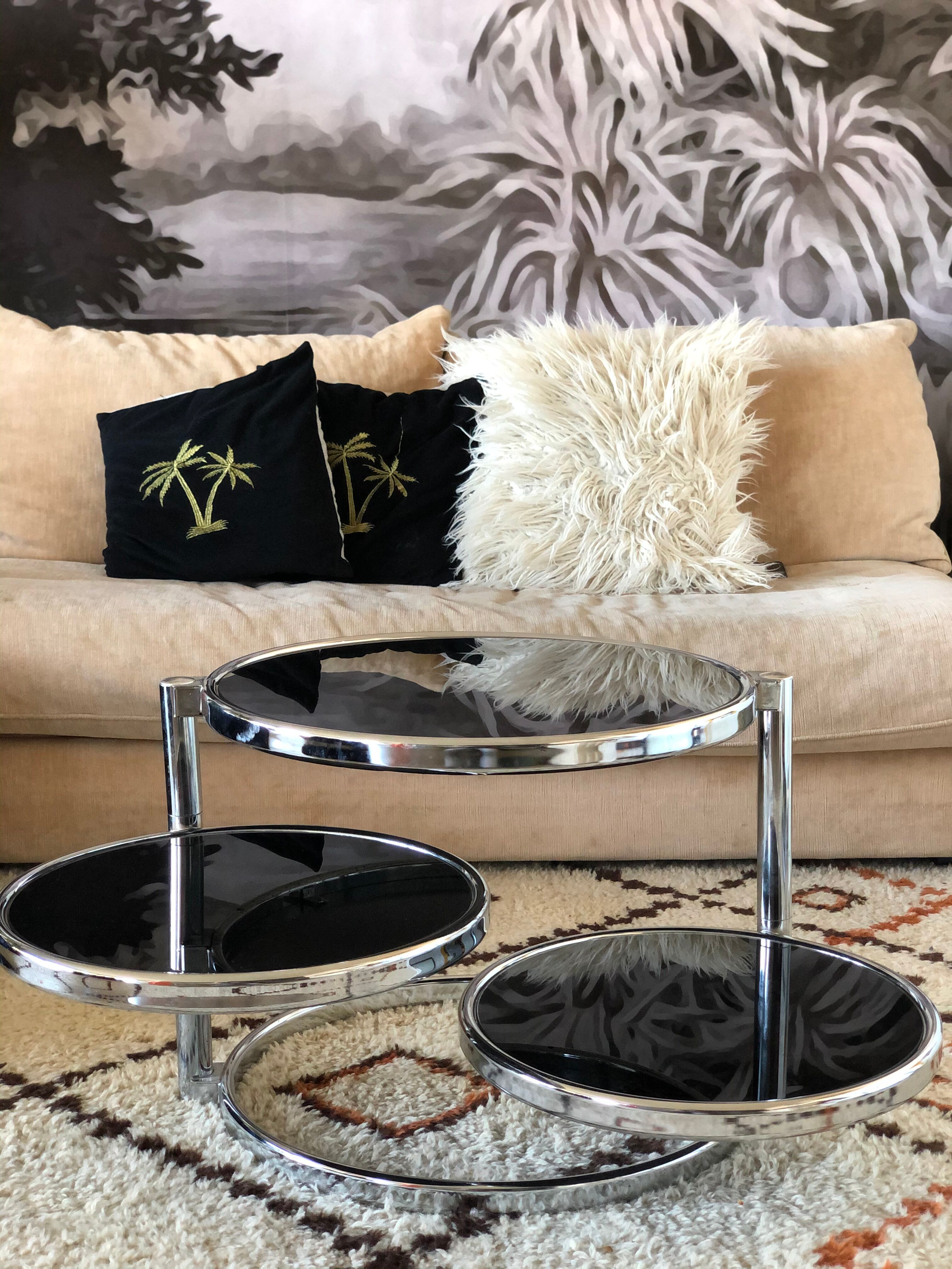 Chrome round coffee table and smoked glass