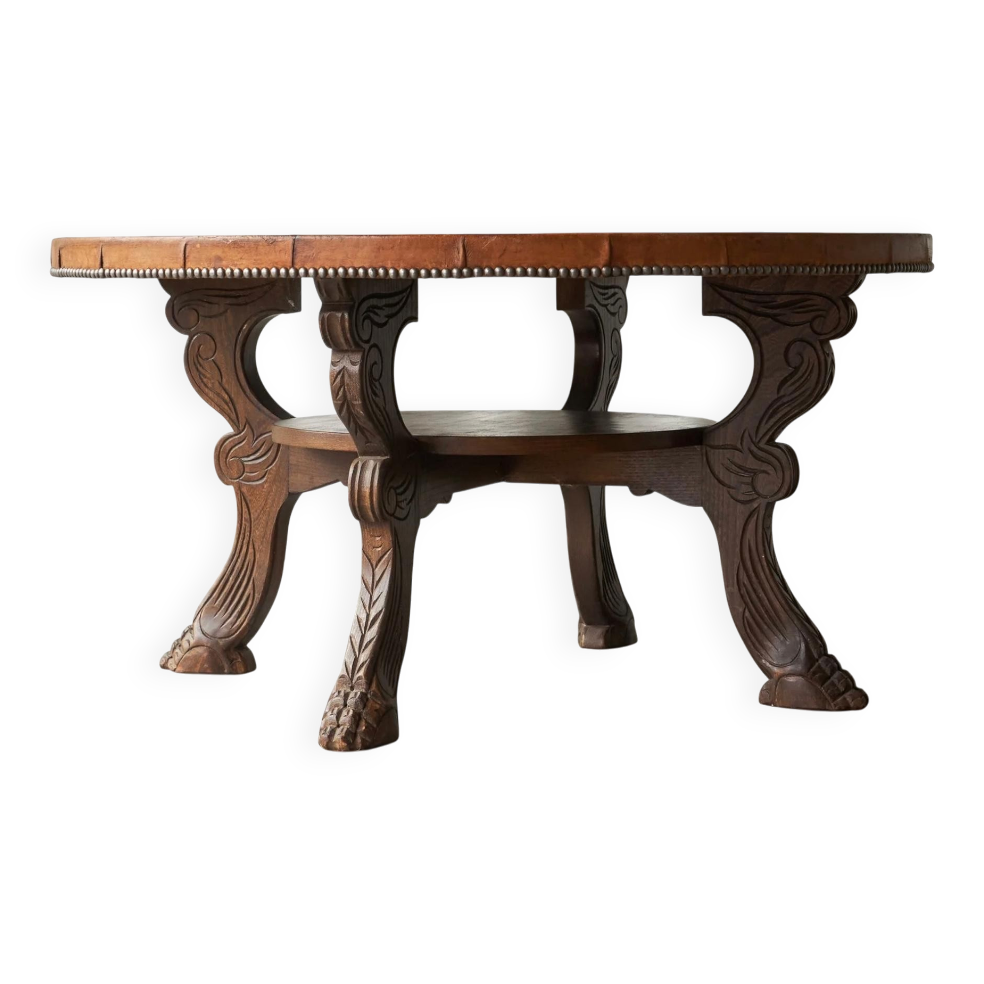 Table basse mid-century bois massif cuir