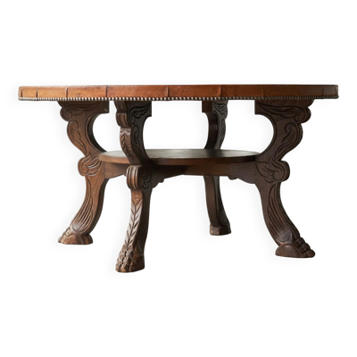 Table basse mid-century bois massif cuir