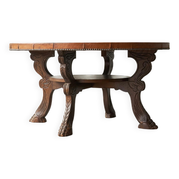 Mid-century coffee table, solid wood, leather.