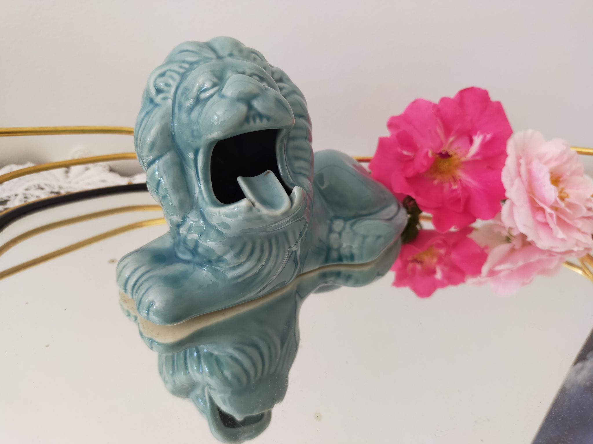 Ashtray vintage ceramic zoomorphic "lion" glaze light blue vintage of the 50s