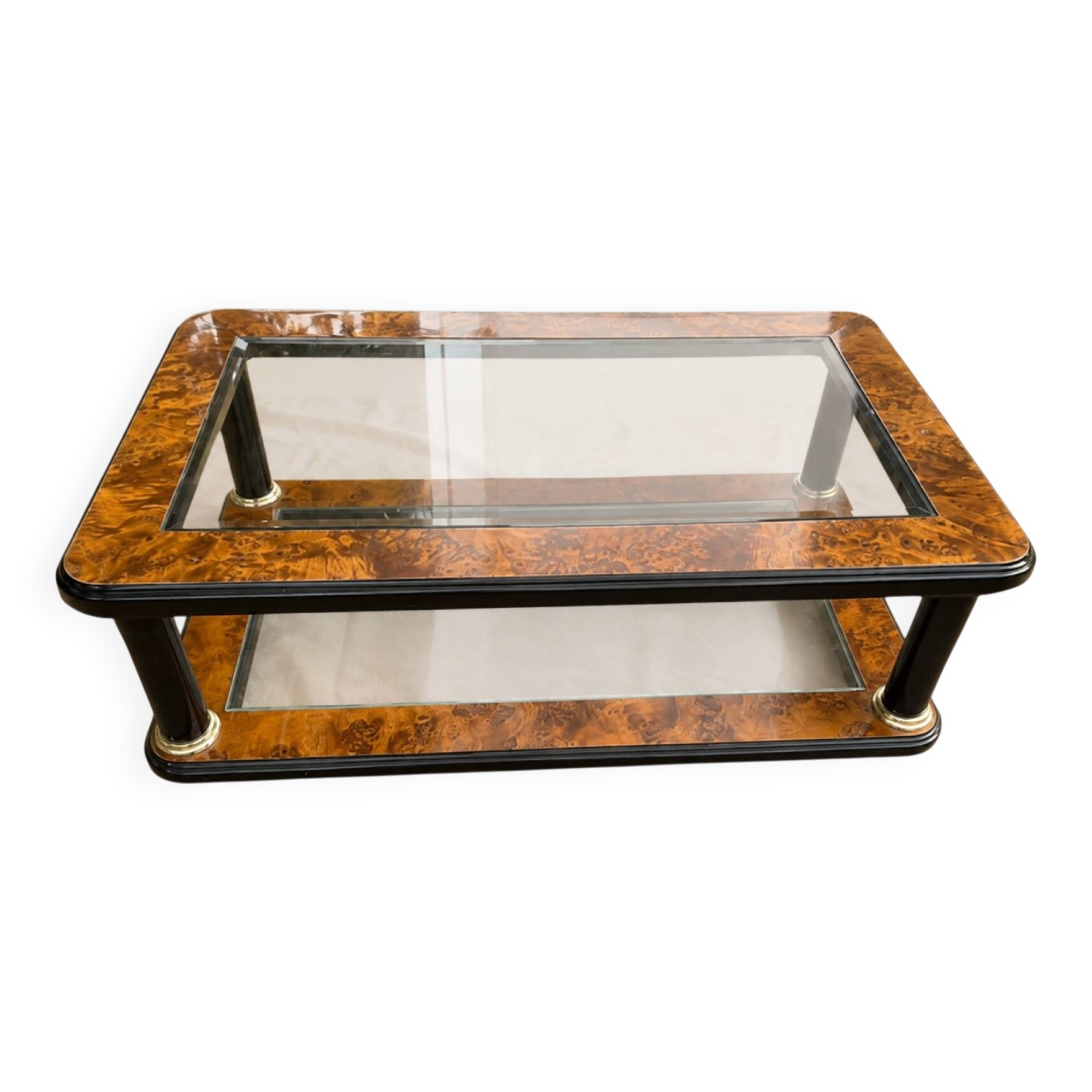 Table basse en loupe de bois, verre et laiton de style Art Déco