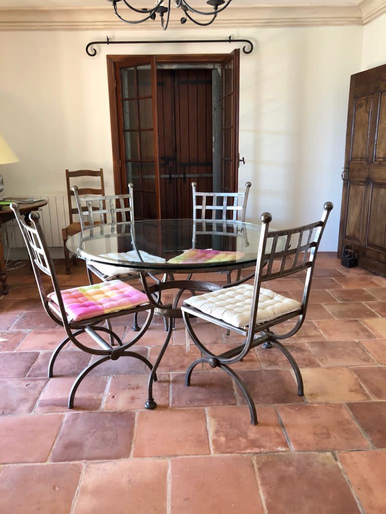 Wrought iron and glass table 4 chairs