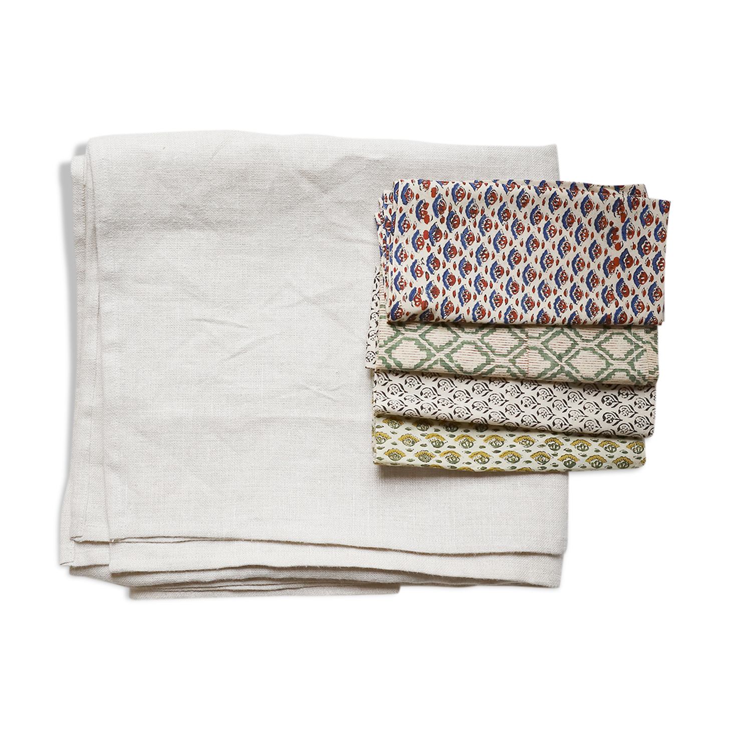 Tablecloth and linen towels upcycled mismatched patterns