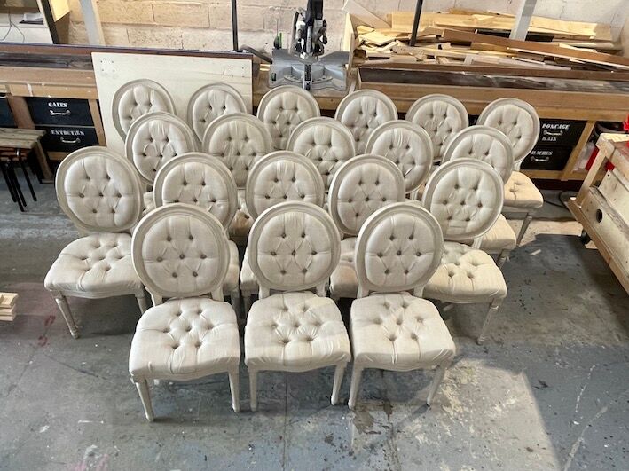 Louis xvi medallion style chairs patinated wood & beige updaped fabric