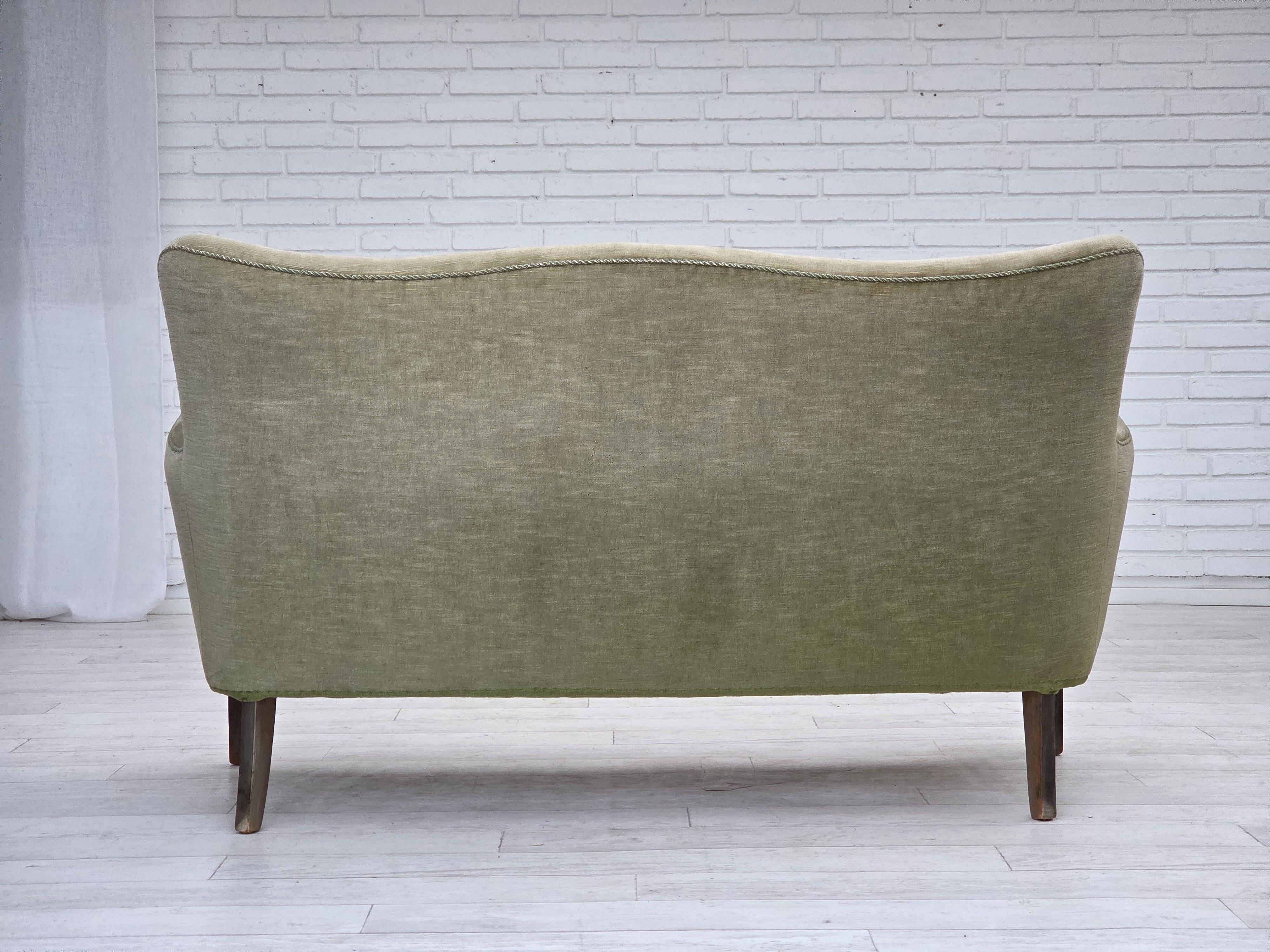 1960s, Danish curved 2-seater sofa, furniture velour, beech wood.