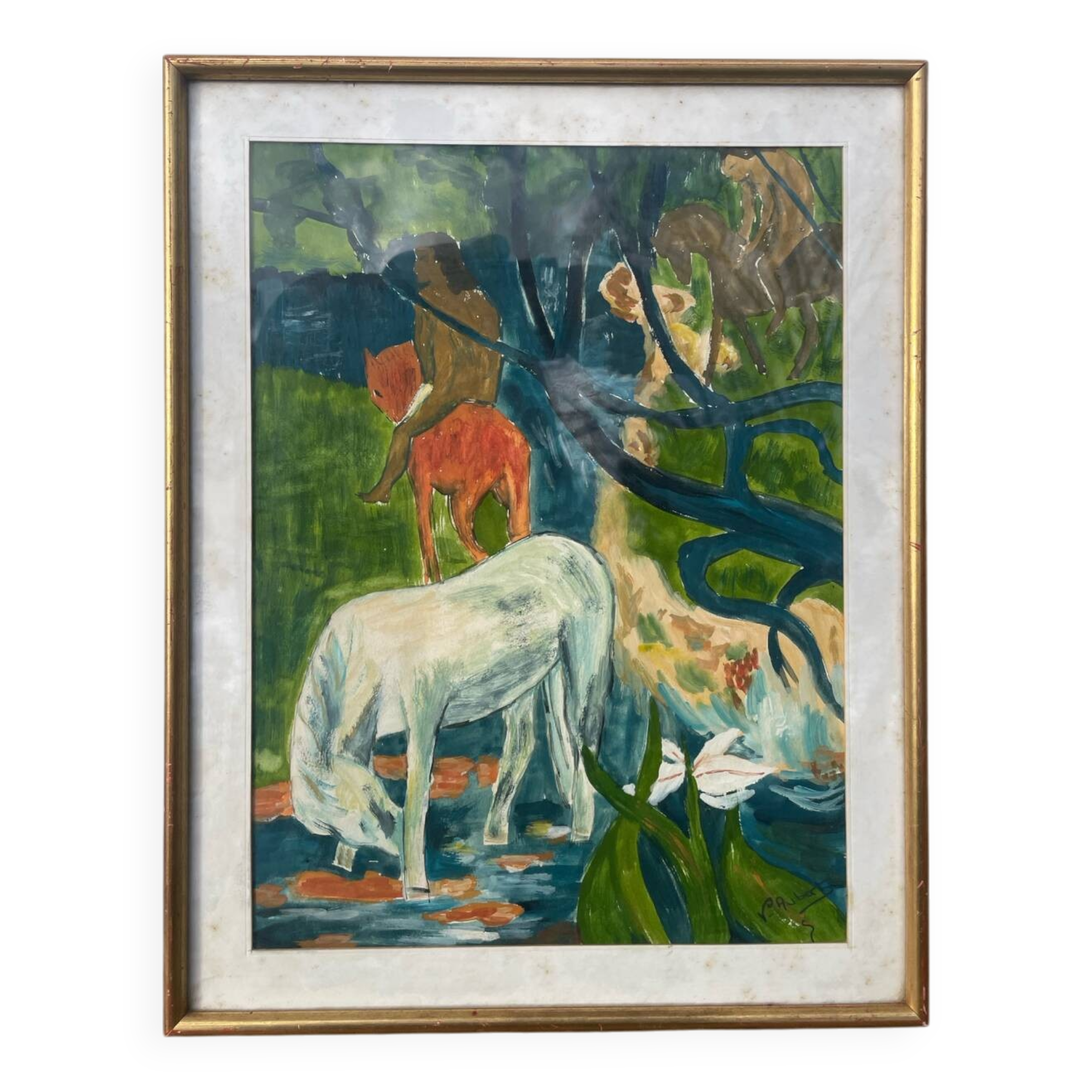 Gauguin style painting with gilded wooden frame