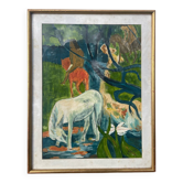 Gauguin style painting with gilded wooden frame