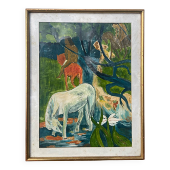 Gauguin style painting with gilded wooden frame
