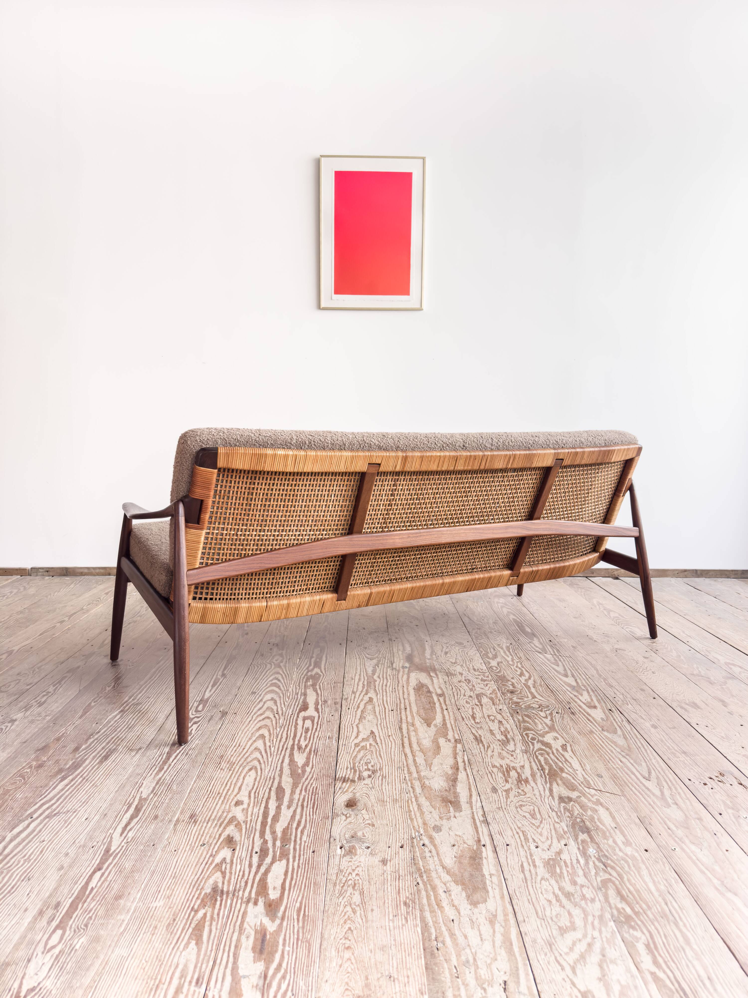 Mid Century Sofa par Hartmut Lohmeyer, teck et cannage