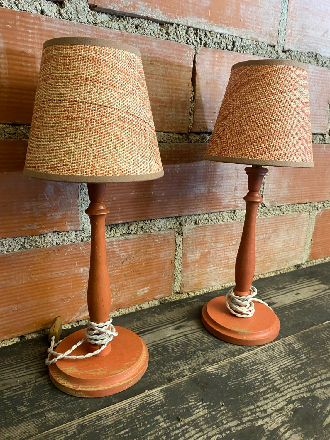 Pair of antique turned wood bedside lamps with push button switch