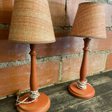 Pair of antique turned wood bedside lamps with push button switch