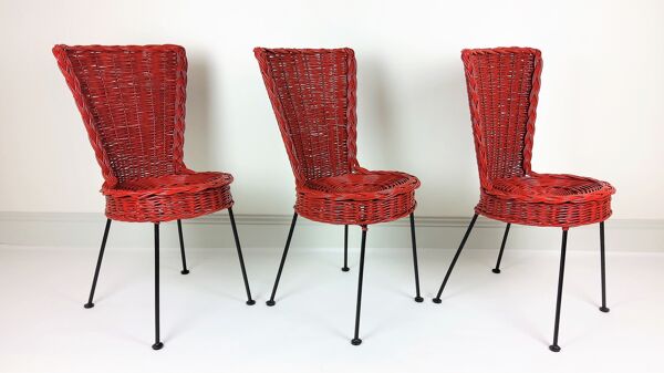 3 chaises en rotin et métal 1950