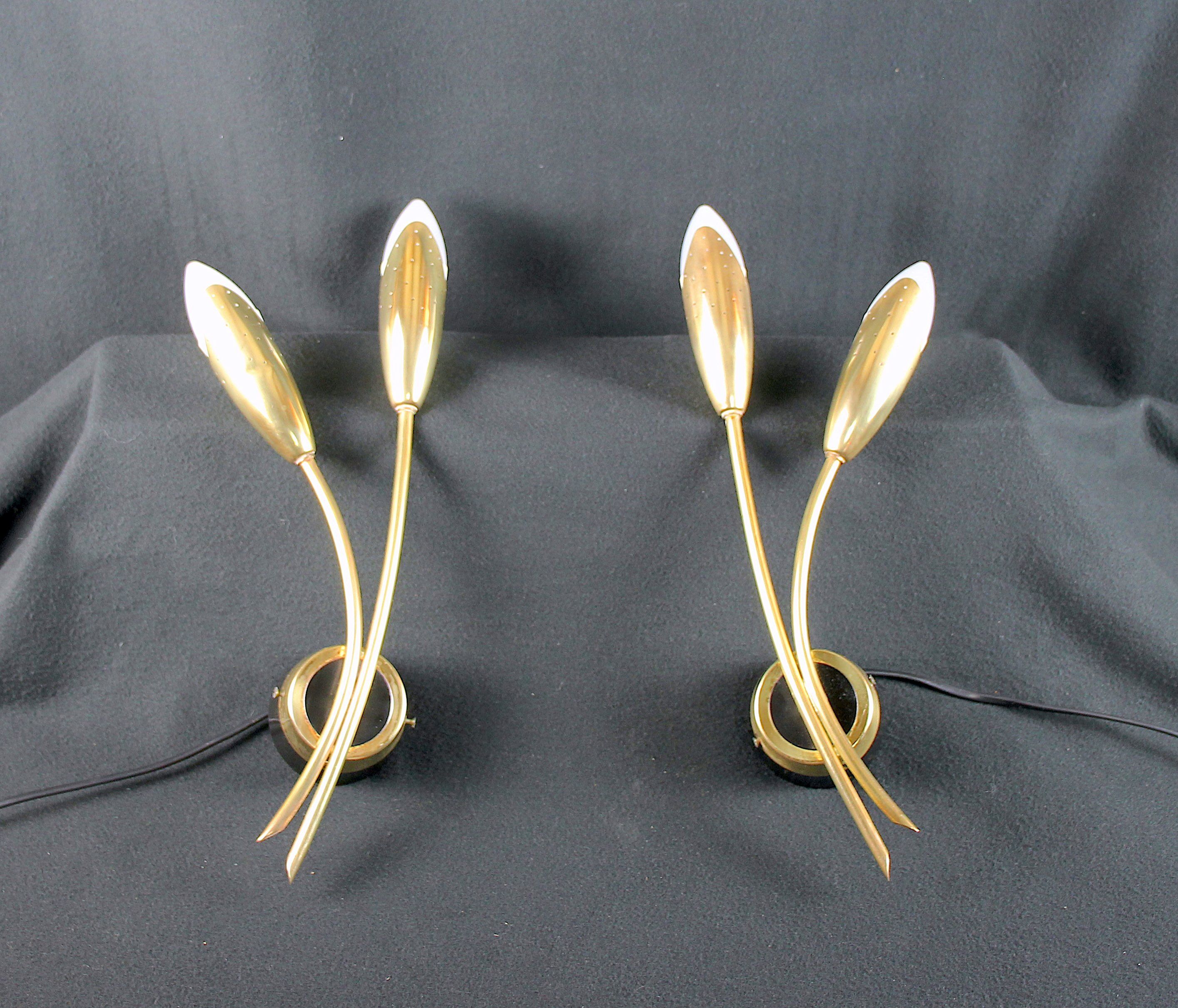 Pair of double brass wall lamp, tulip shape, France 1960's