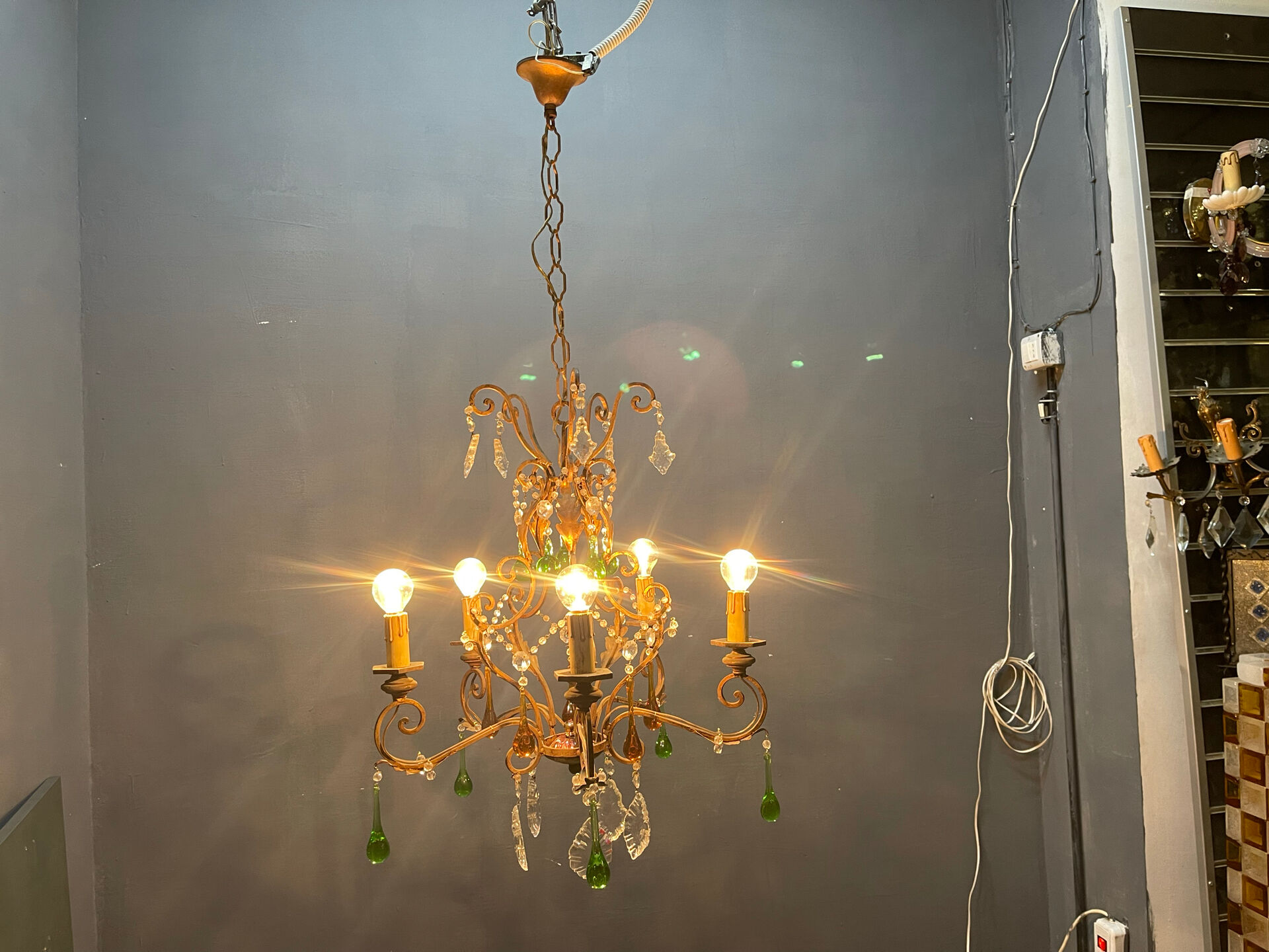 Italian 5-Light Tole Chandelier with Green & Amber Murano Glass Drops,