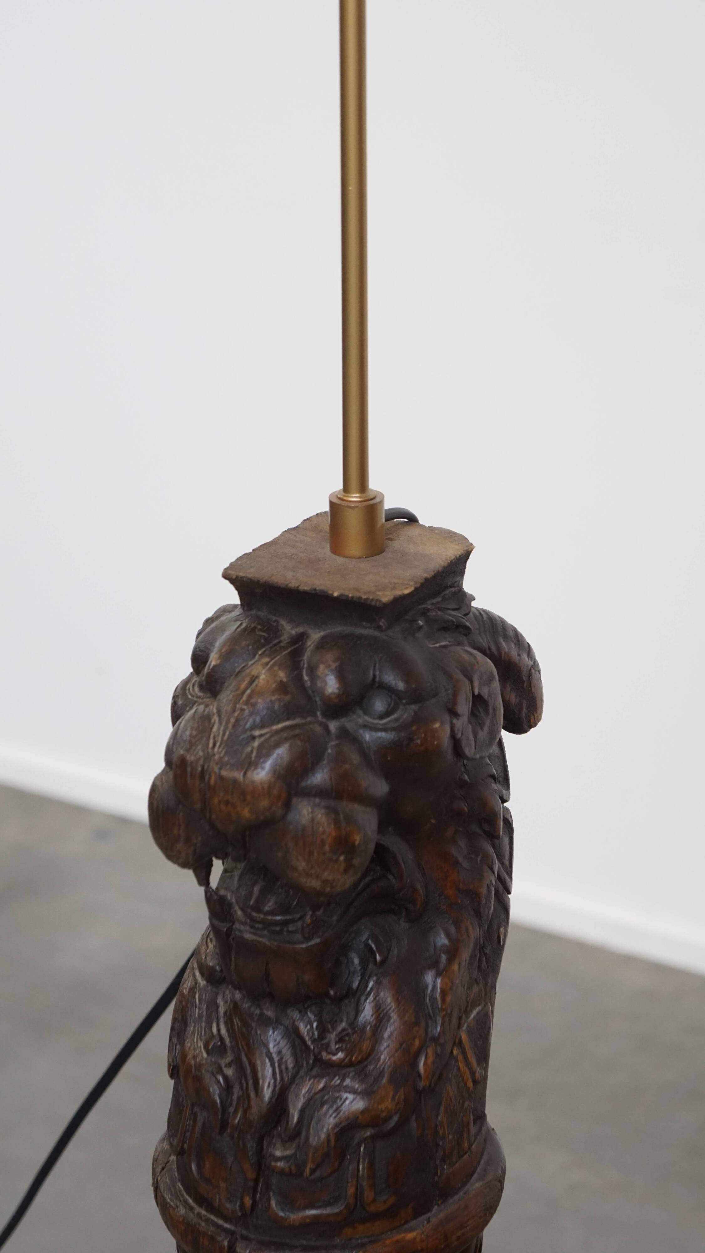 Hand-Carved Antique Wooden Floor Lamp with Lion Head