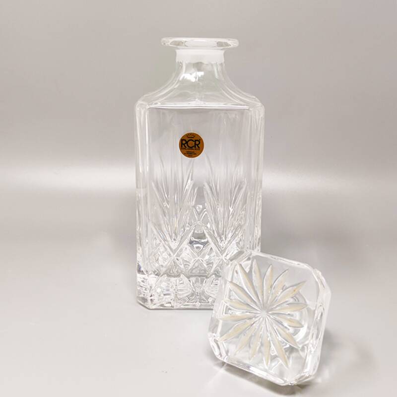 1970s crystal decanter with 2 crystal glasses by rcr. made in italy