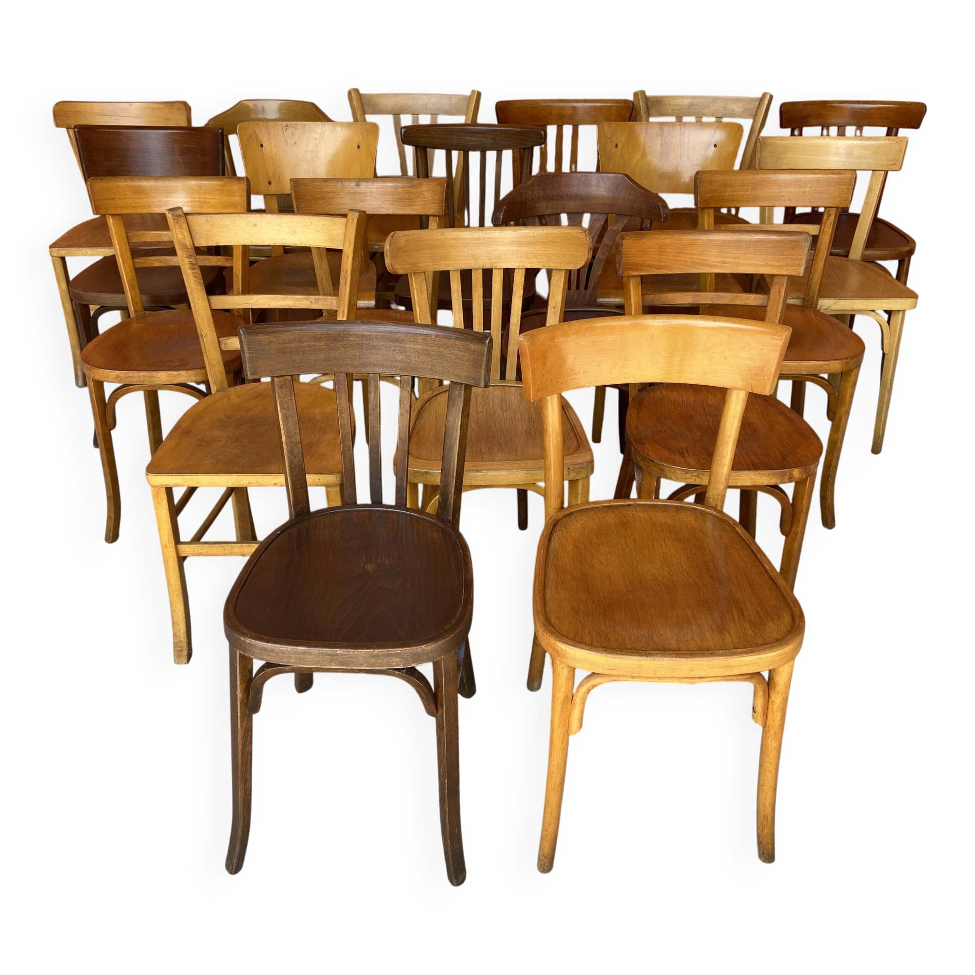 set of 20 mismatched bentwood vintage restaurant bistro chairs