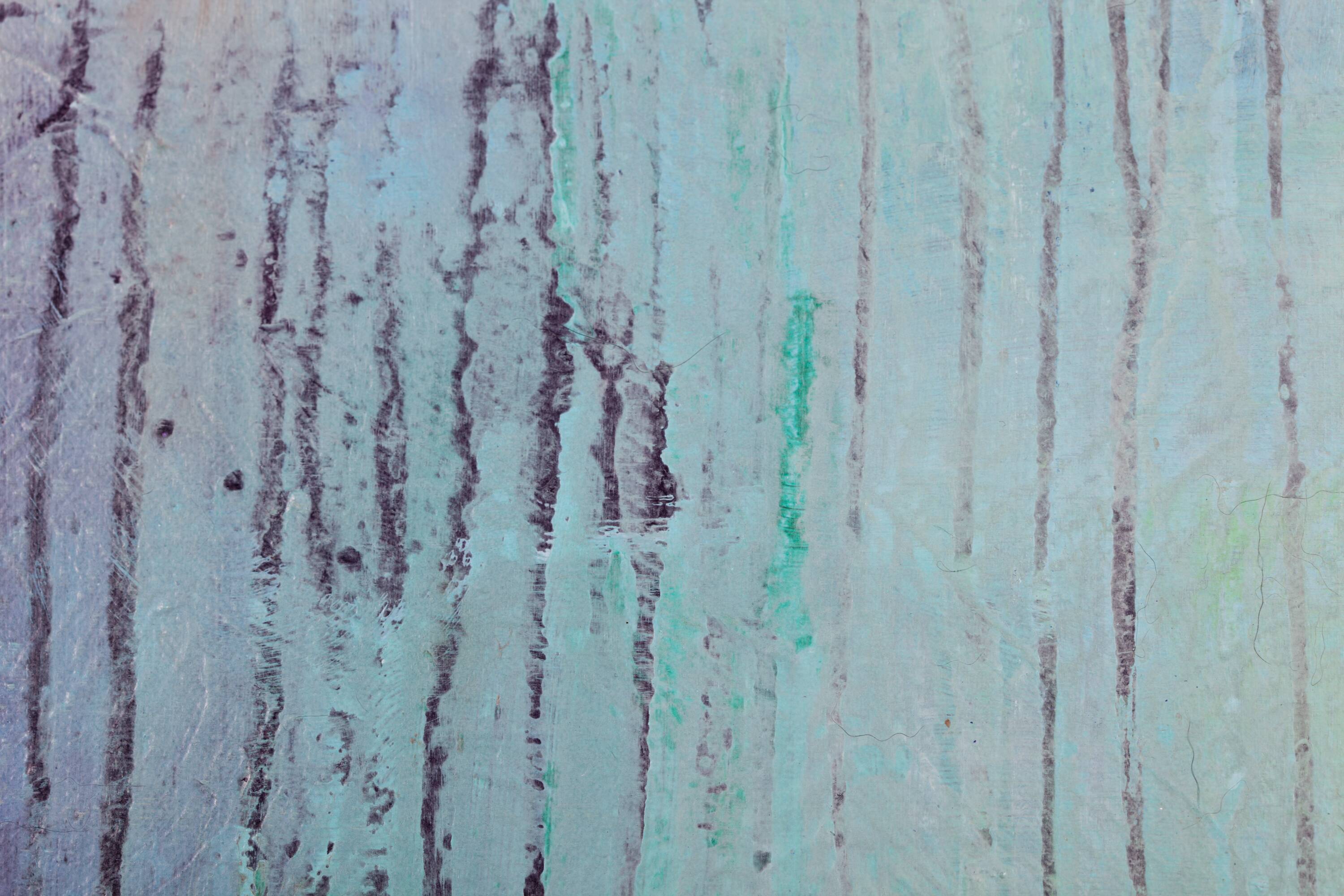 Contemporary paintig in teal, purple and green shades, acrylic on canvas