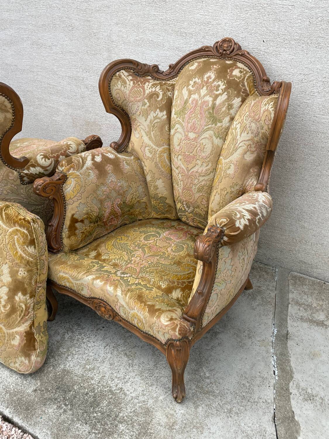 2 Louis XV style armchairs in brocade and velvety fabric