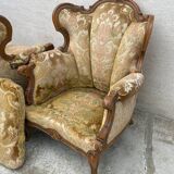 2 Louis XV style armchairs in brocade and velvety fabric