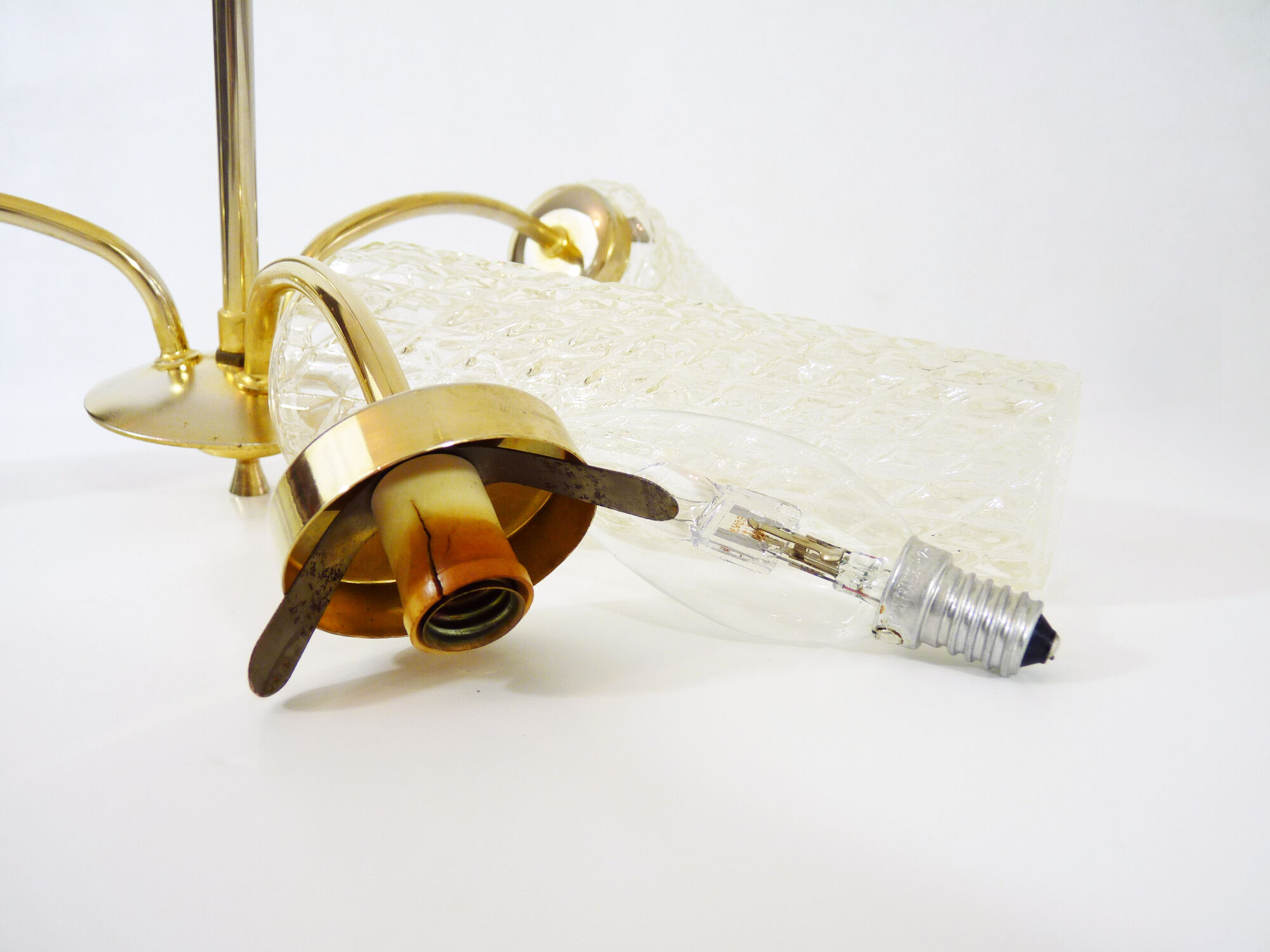 Old 3-branched chandelier, brass and chiseled glass tubes, 60s