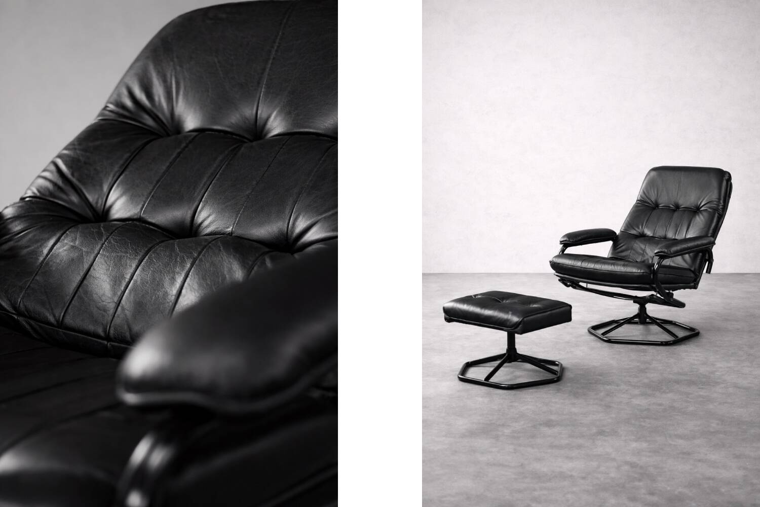 Vintage Mid-Century Danish Modern Black Leather Swivel Chair and Ottoman