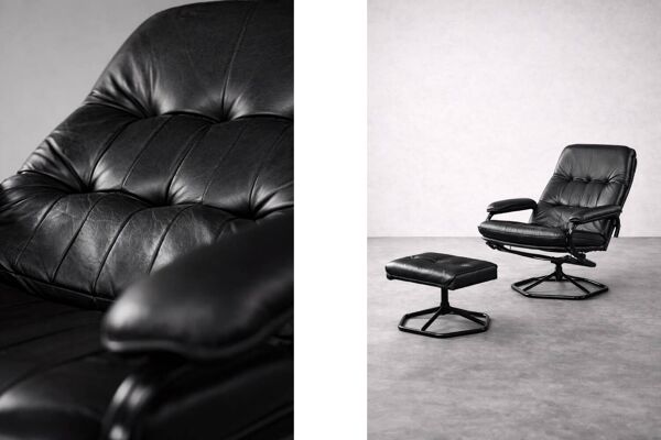 Vintage Mid-Century Danish Modern Black Leather Swivel Chair & Ottoman