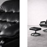 Vintage Mid-Century Danish Modern Black Leather Swivel Chair and Ottoman