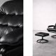 Vintage Mid-Century Danish Modern Black Leather Swivel Chair and Ottoman
