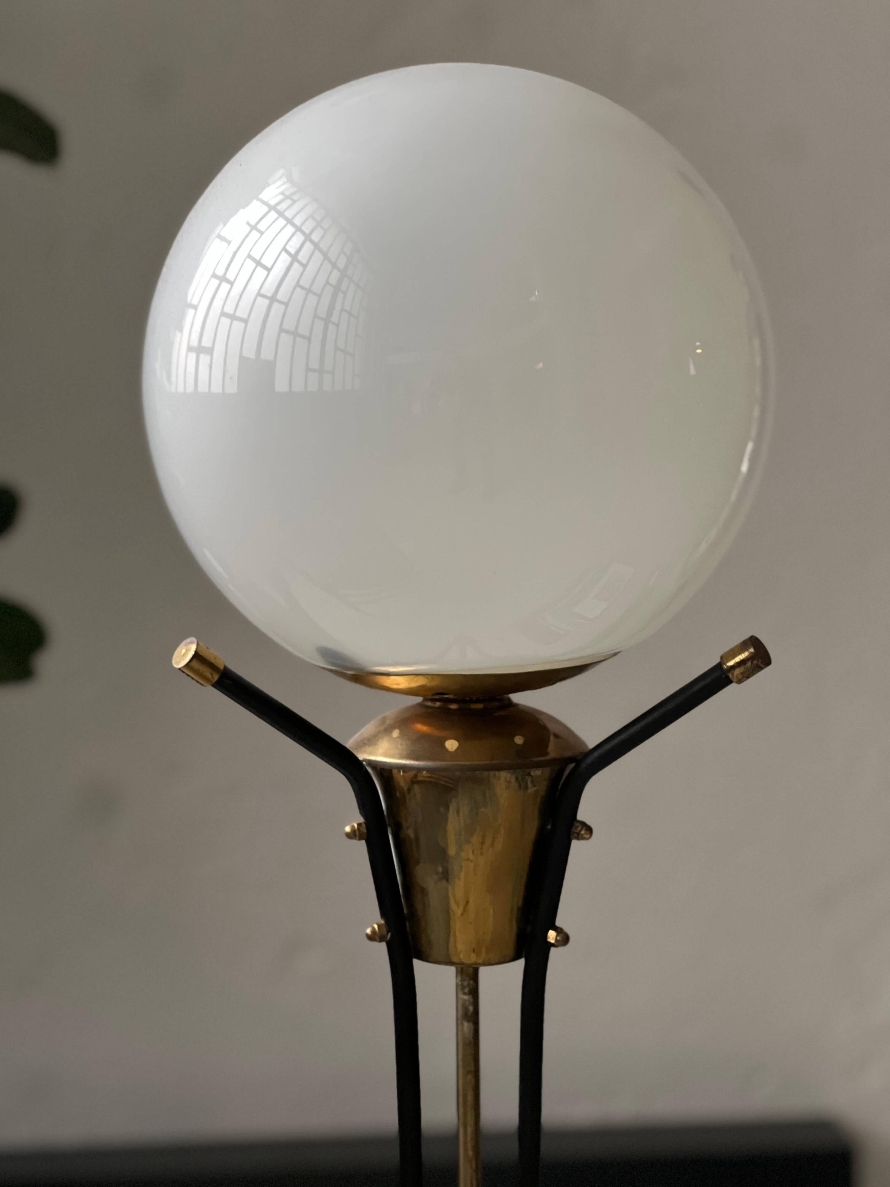 Vintage Italian Brass Floor Lamp in the style of Stilnovo, three legs, opaline