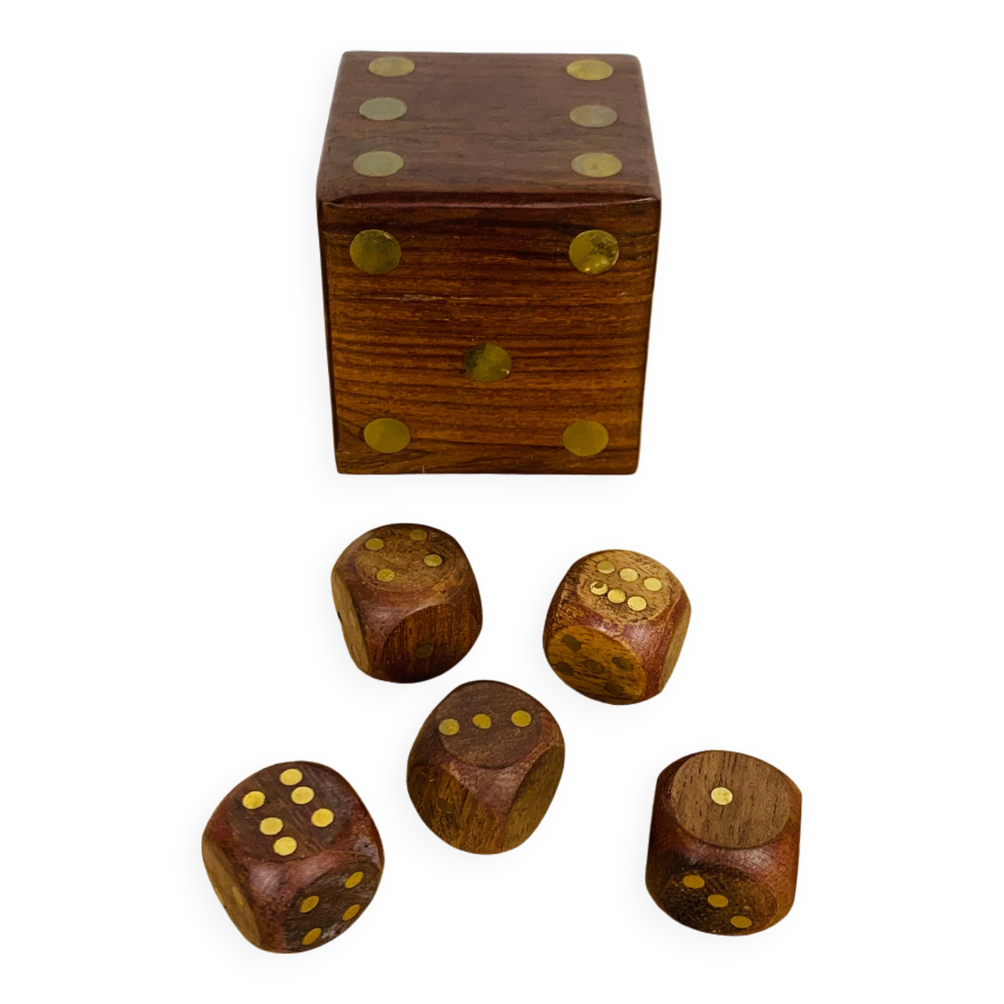Box with 5 teak and brass dice, vintage