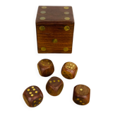 Box with 5 teak and brass dice, vintage