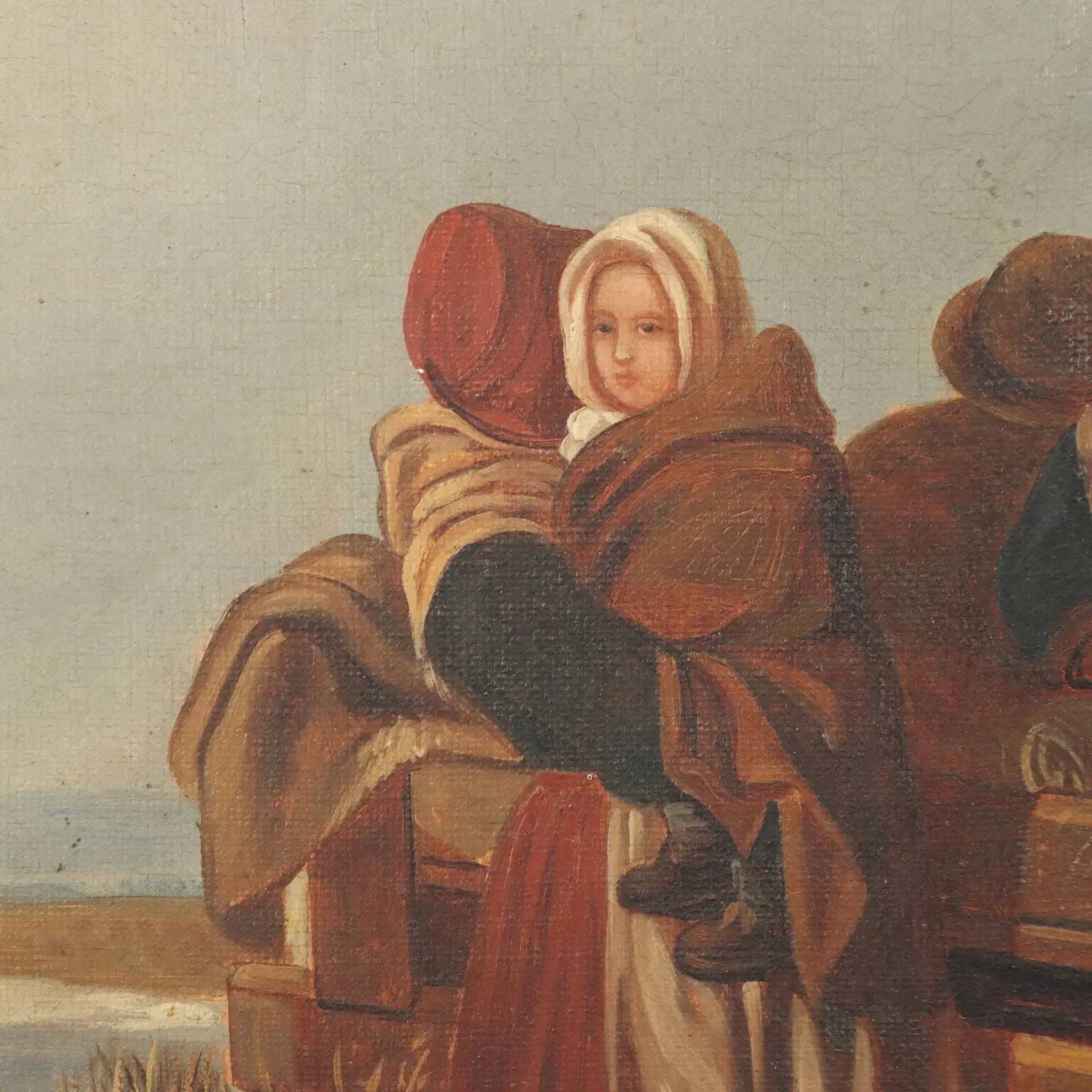 Ancient painting of a winter scene, oil on canvas, Northern Europe, 800s.