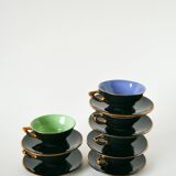 Set of 6 black and colored earthenware cups and saucers, 1950