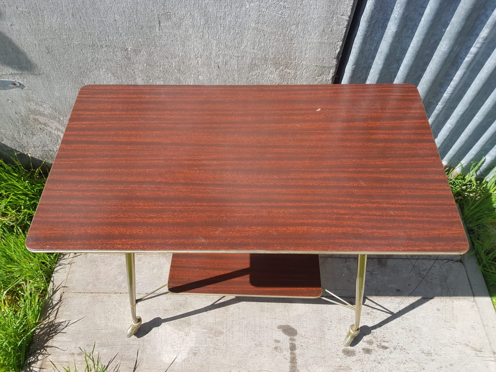 Ancient Dessert Table On Roulettes Golden Metal - Formica 70s Vintage