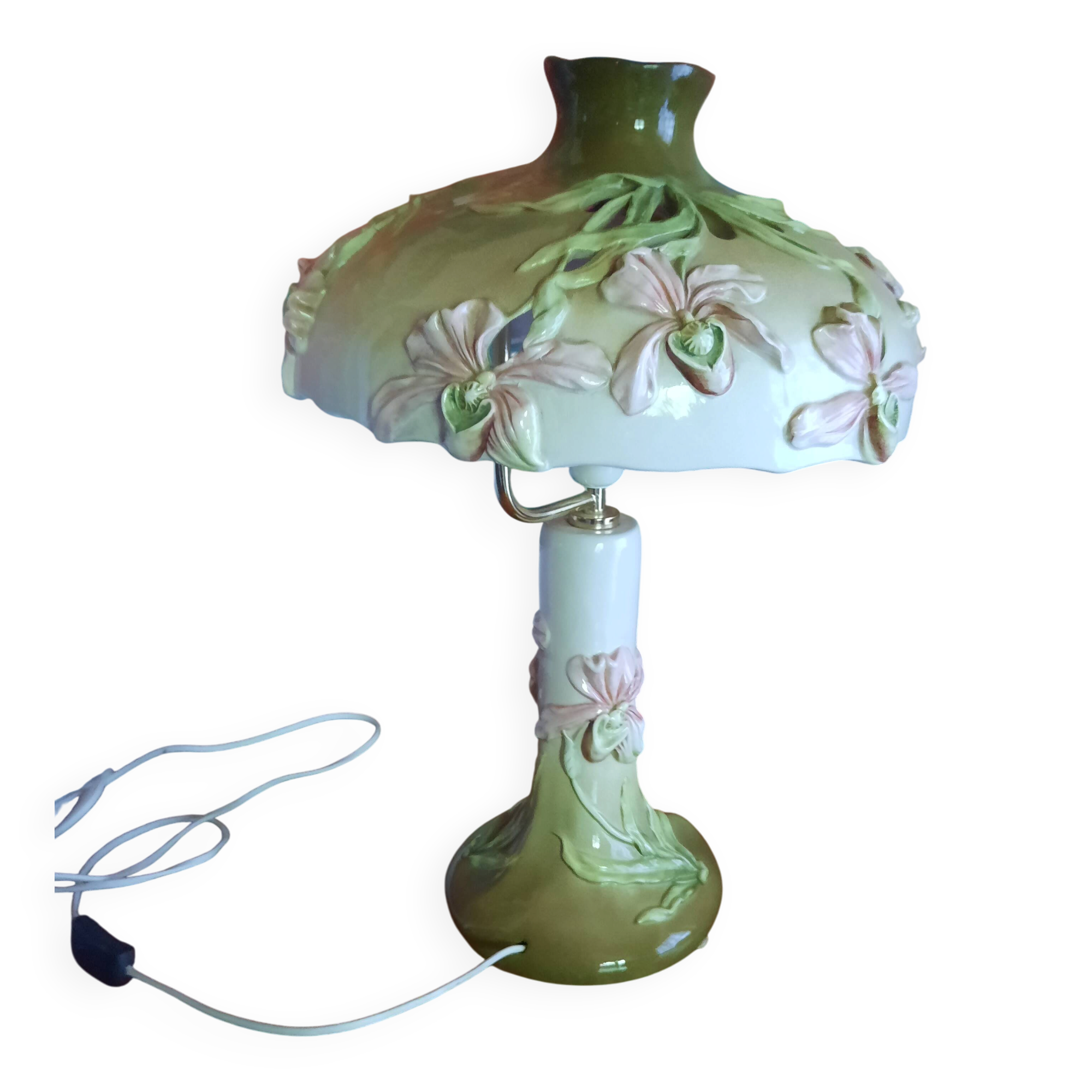 Orchid-patterned earthenware table lamp