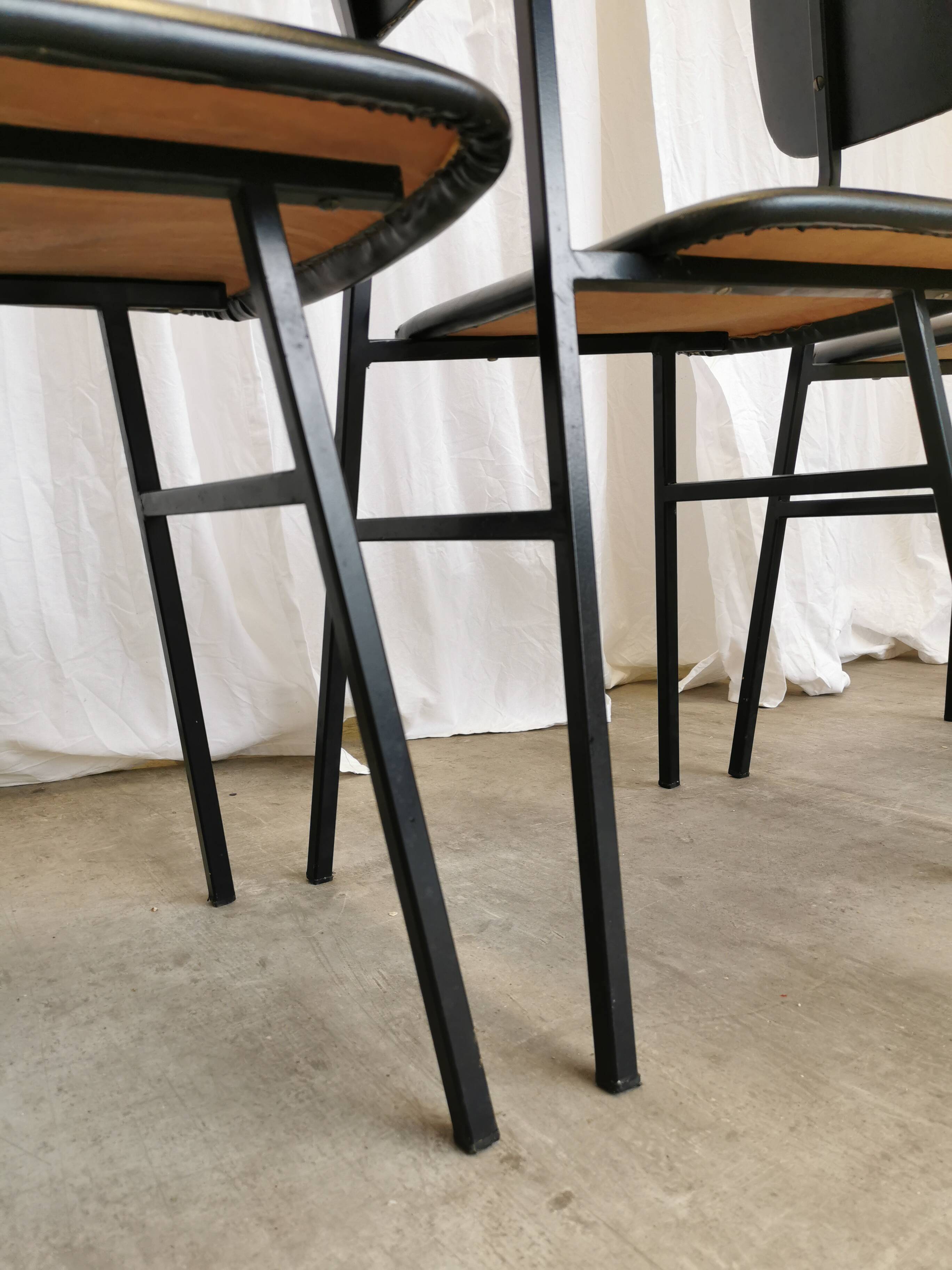 SET of 4 Vintage School Chairs /Black Leather / STOL Kamnik 80s Yugoslavia